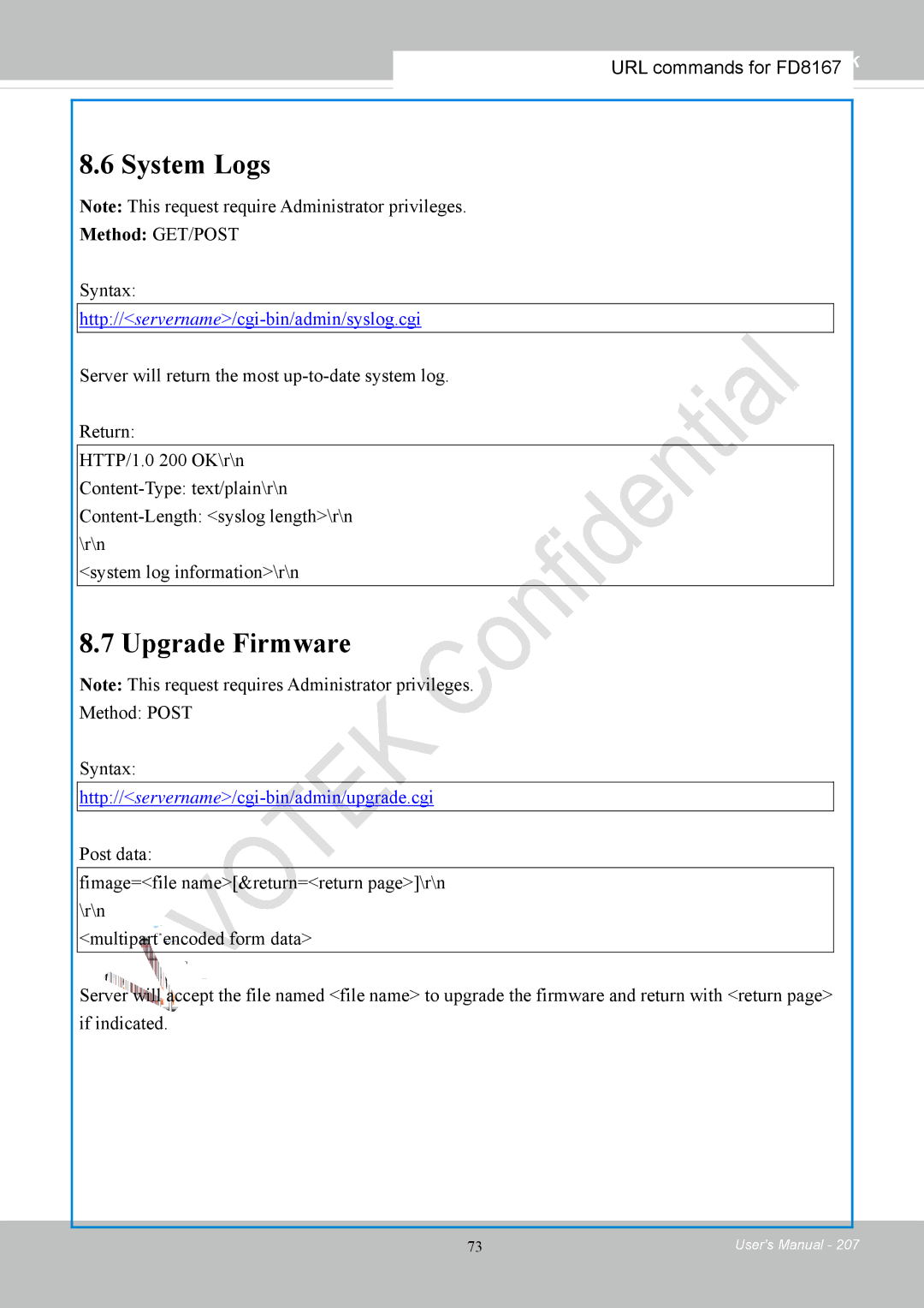 Vivotek FD8167-(T) user manual System Logs, Upgrade Firmware, Method Post Syntax 