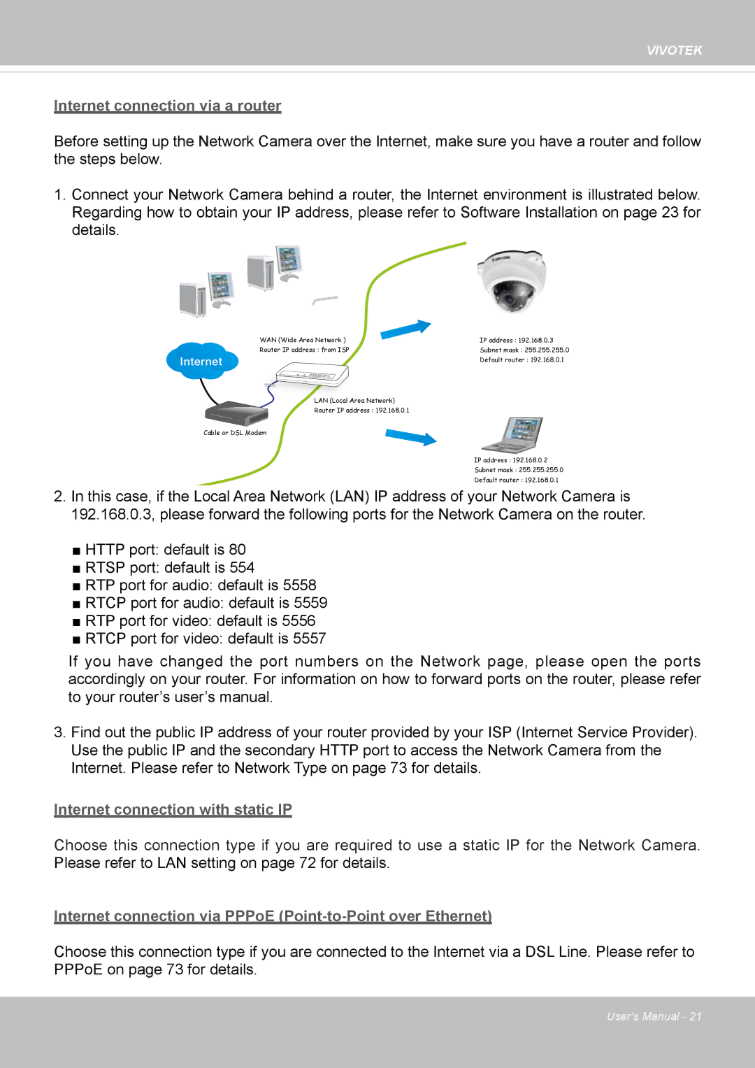 Vivotek FD8167-(T) user manual Internet connection via a router 