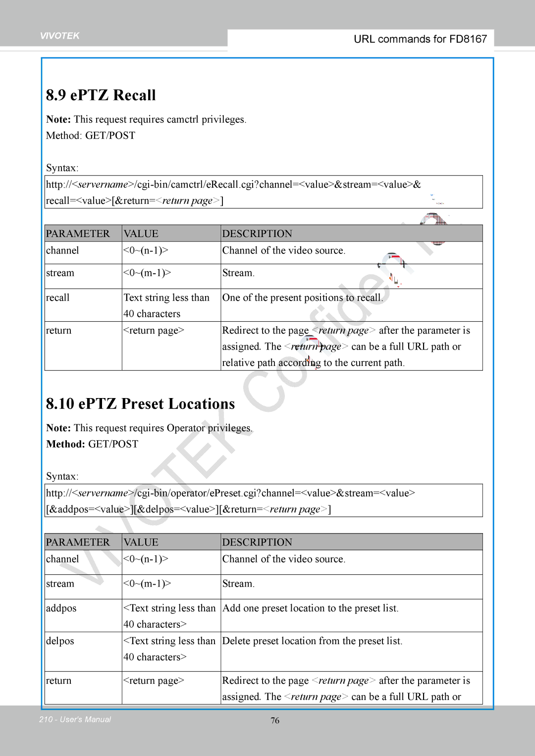 Vivotek FD8167-(T) user manual EPTZ Recall, EPTZ Preset Locations 