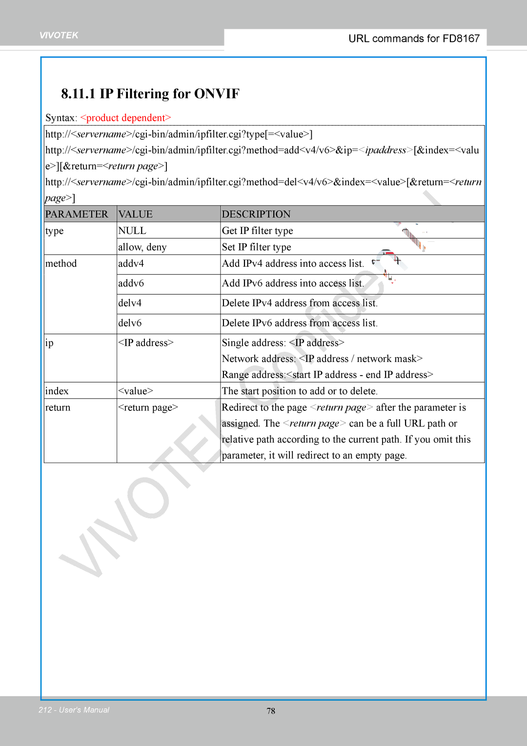 Vivotek FD8167-(T) user manual IP Filtering for Onvif 