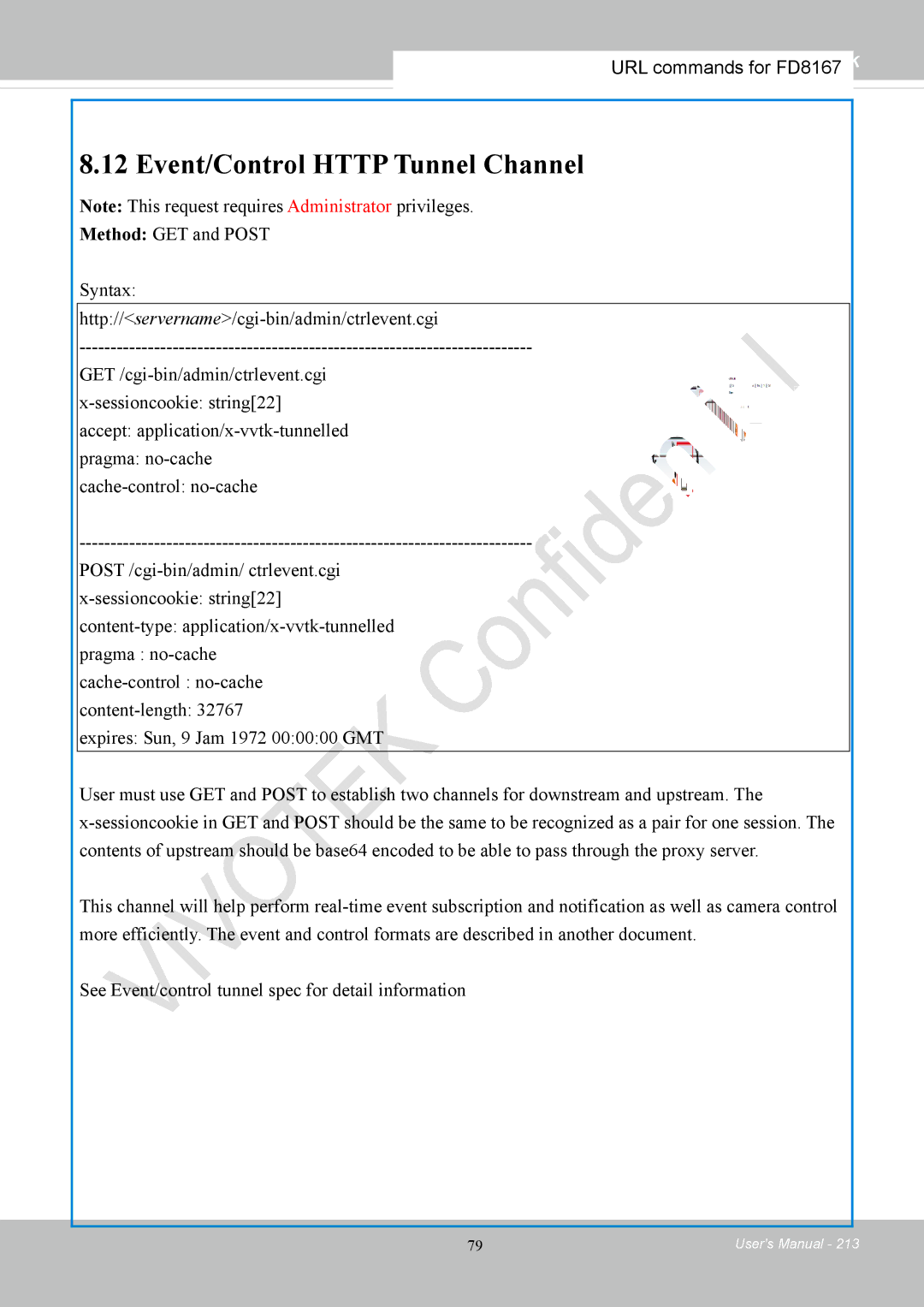 Vivotek FD8167-(T) user manual Event/Control Http Tunnel Channel 