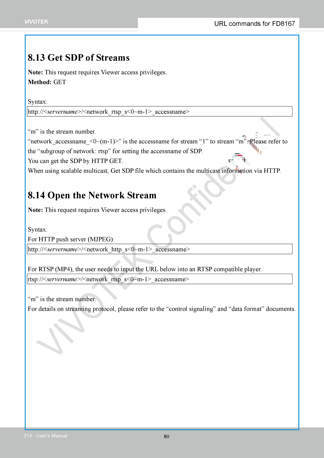 Vivotek FD8167-(T) user manual Get SDP of Streams, Open the Network Stream, Method GET 