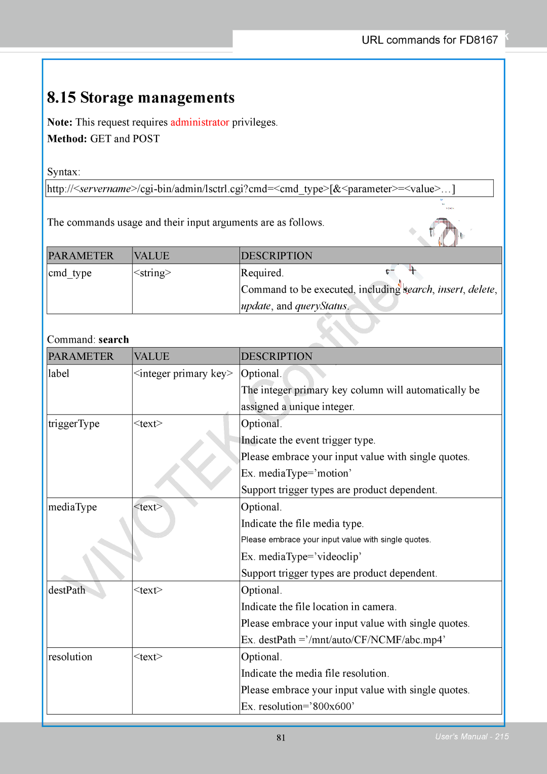 Vivotek FD8167-(T) user manual Storage managements, Command search 