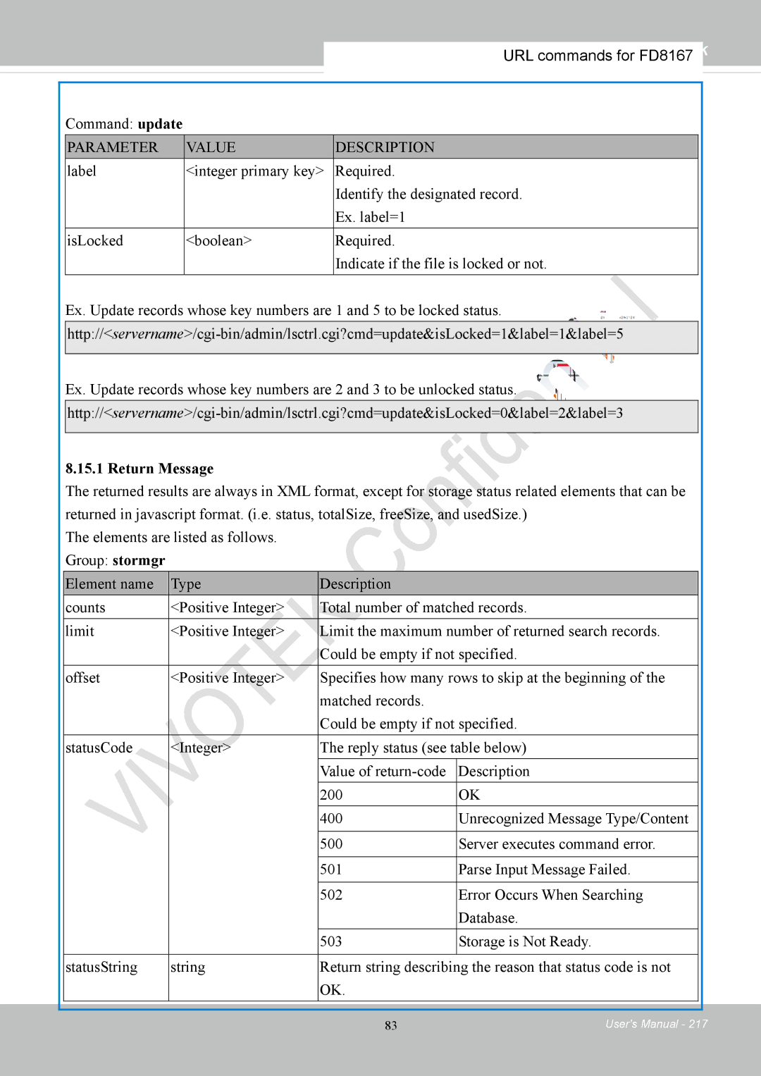 Vivotek FD8167-(T) user manual Command update, Return Message 