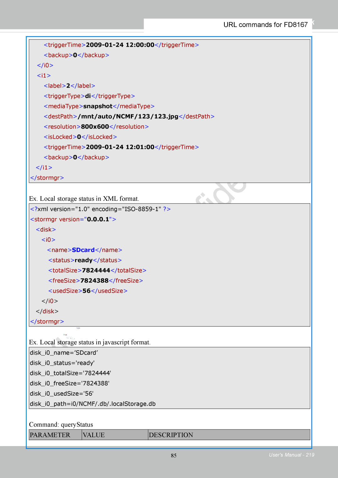 Vivotek FD8167-(T) user manual Ex. Local storage status in XML format, Ex. Local storage status in javascript format 