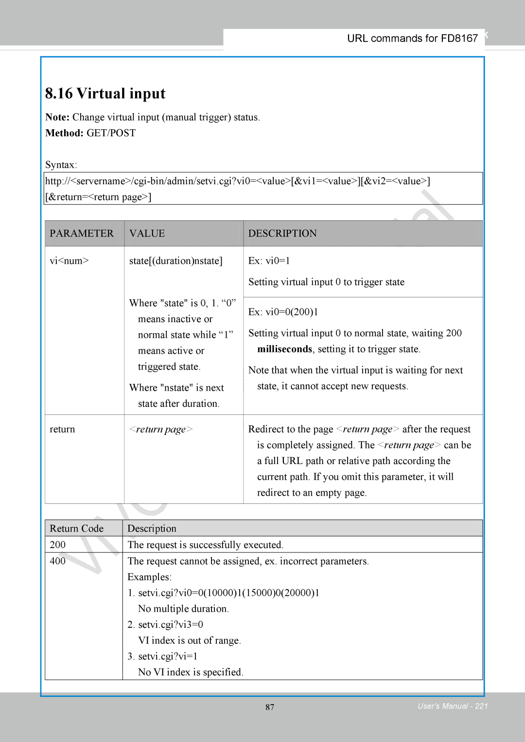 Vivotek FD8167-(T) user manual Virtual input, Return 