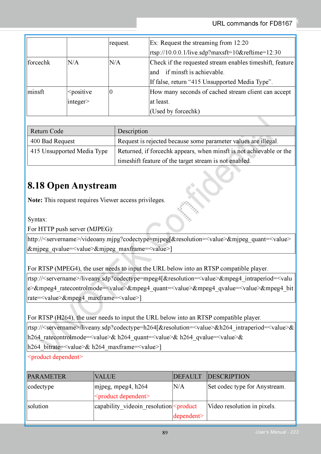 Vivotek FD8167-(T) Open Anystream, Codectype Mjpeg, mpeg4, h264 Set codec type for Anystream, Video resolution in pixels 