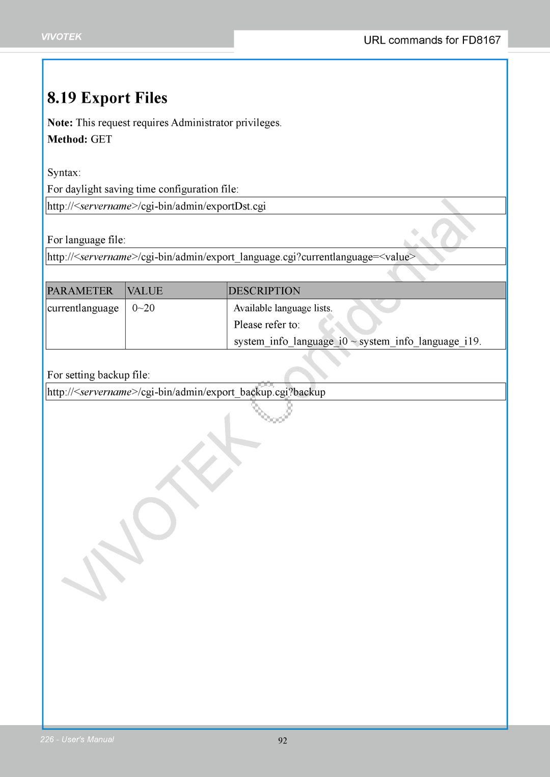 Vivotek FD8167-(T) user manual Export Files, Currentlanguage ~20 