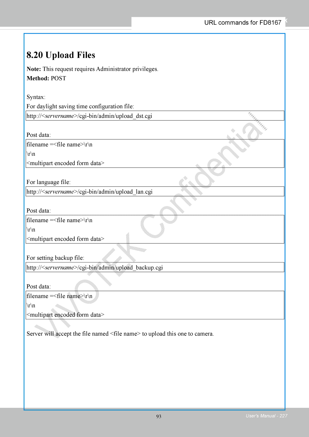 Vivotek FD8167-(T) user manual Upload Files, Method Post 