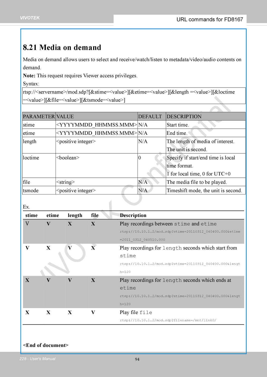 Vivotek FD8167-(T) user manual Media on demand, Stime Etime Length File Description, End of document 