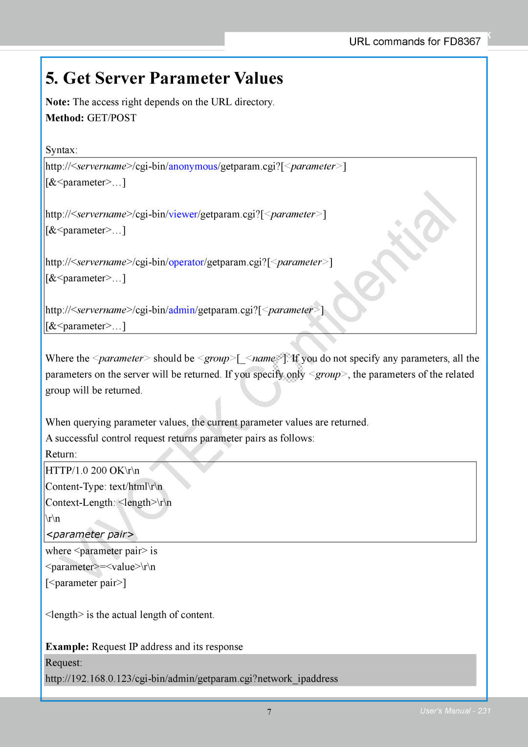 Vivotek FD8167-(T) user manual Get Server Parameter Values 