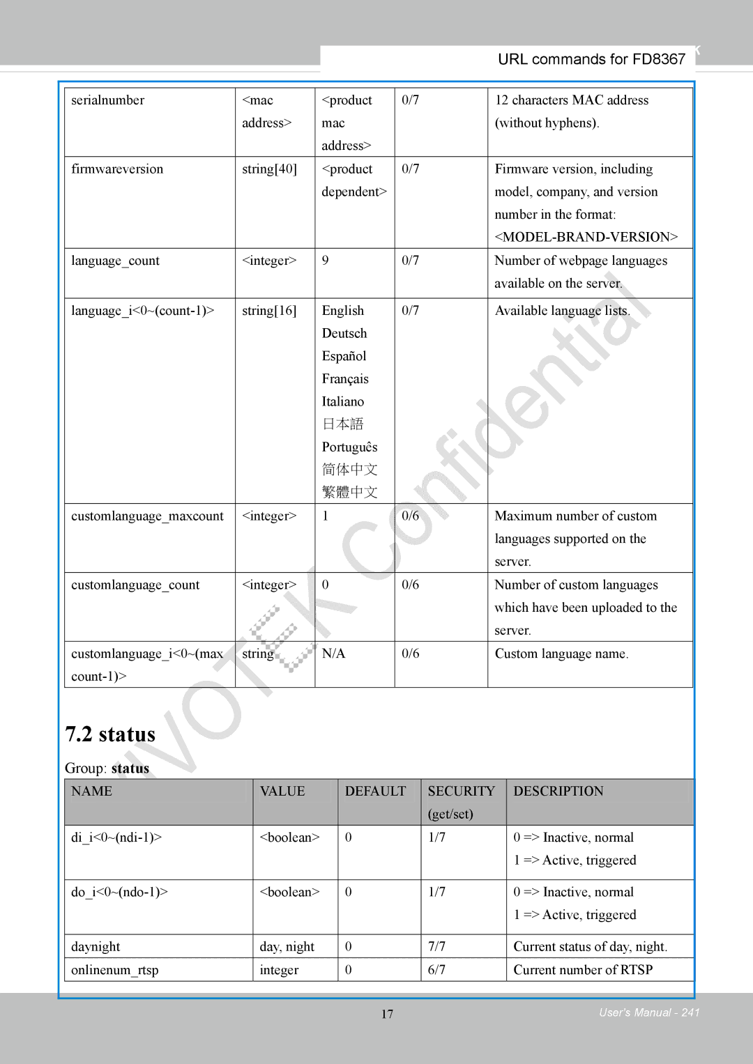 Vivotek FD8167-(T) user manual Status 