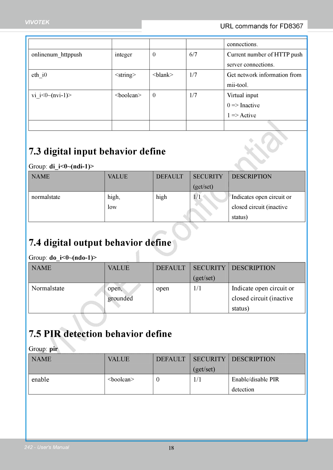 Vivotek FD8167-(T) user manual Digital input behavior define 