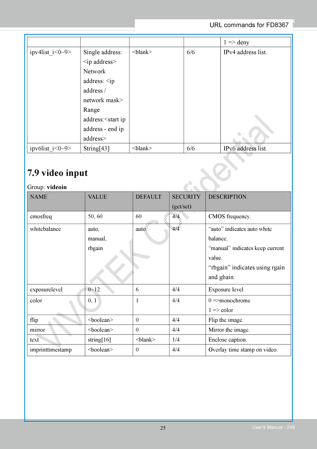 Vivotek FD8167-(T) user manual Video input 