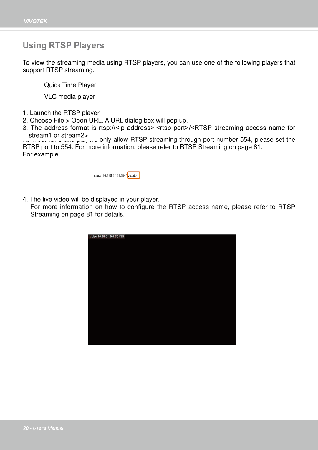 Vivotek FD8167-(T) user manual Using Rtsp Players 