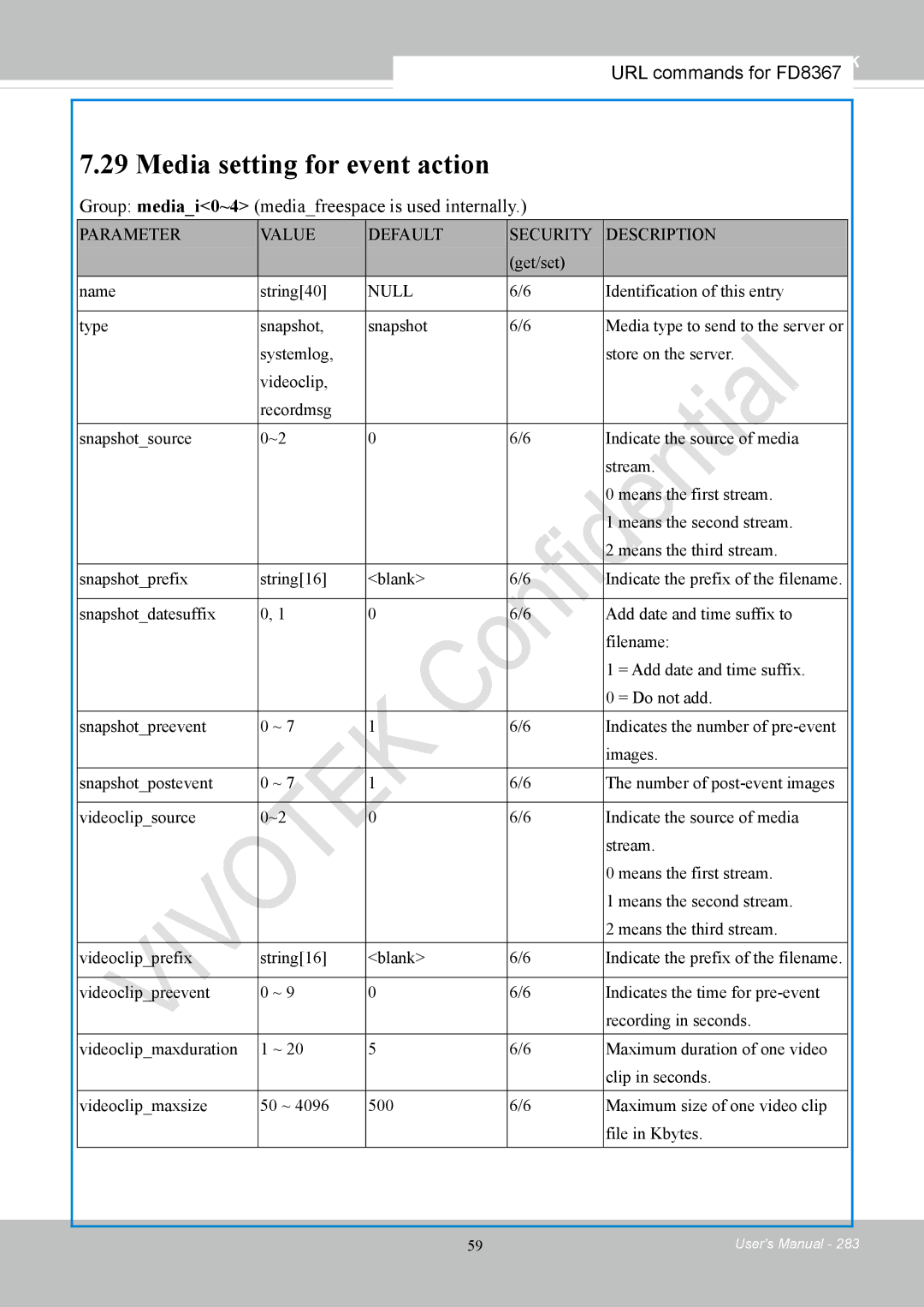 Vivotek FD8167-(T) user manual Media setting for event action 