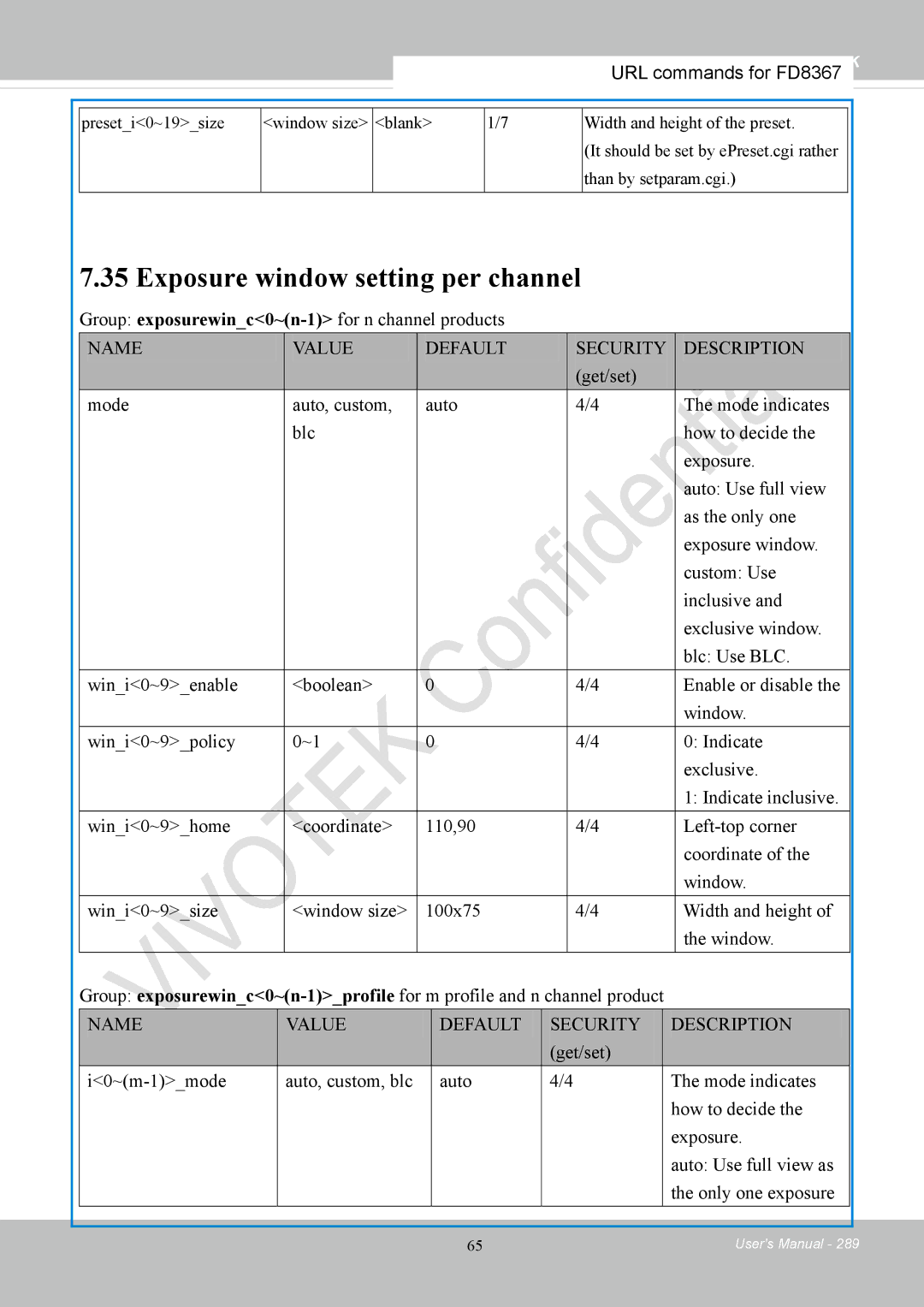 Vivotek FD8167-(T) user manual Exposure window setting per channel 