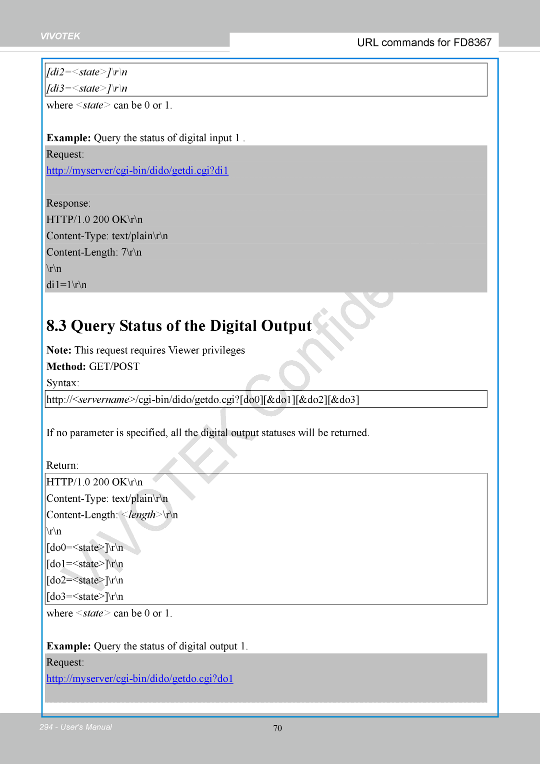 Vivotek FD8167-(T) user manual Query Status of the Digital Output 