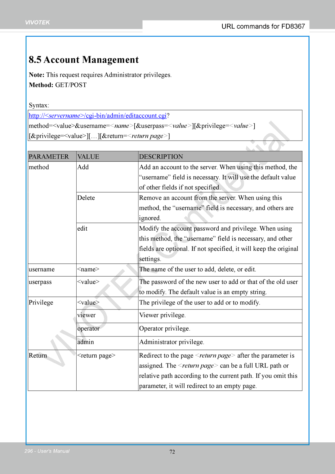 Vivotek FD8167-(T) user manual Account Management 