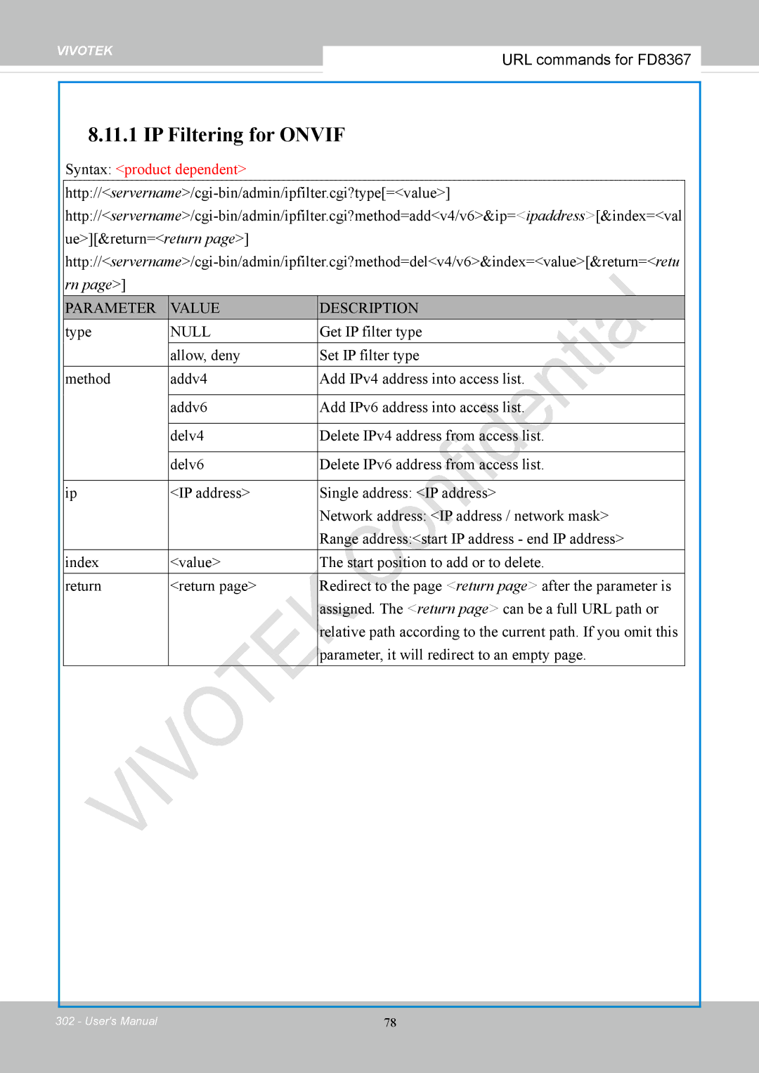 Vivotek FD8167-(T) user manual IP Filtering for Onvif 