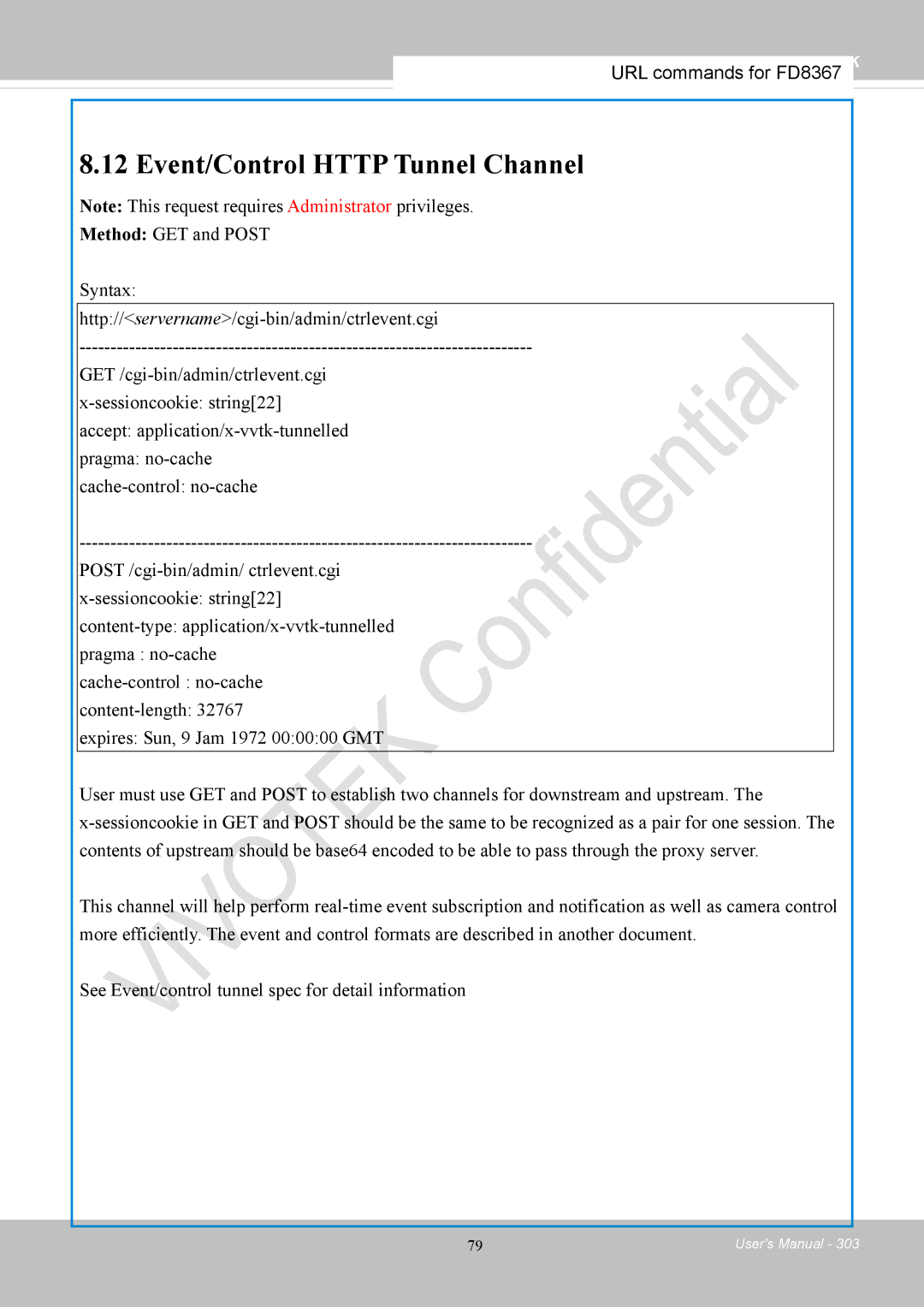 Vivotek FD8167-(T) user manual Event/Control Http Tunnel Channel 