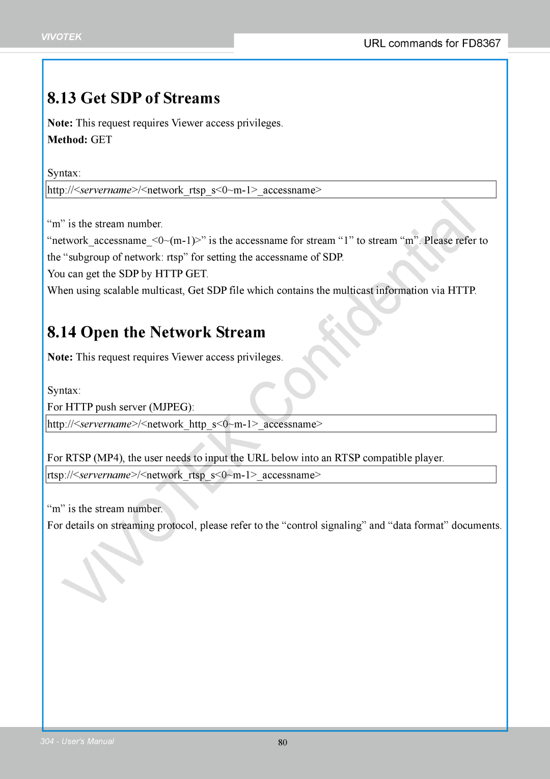 Vivotek FD8167-(T) user manual Get SDP of Streams 