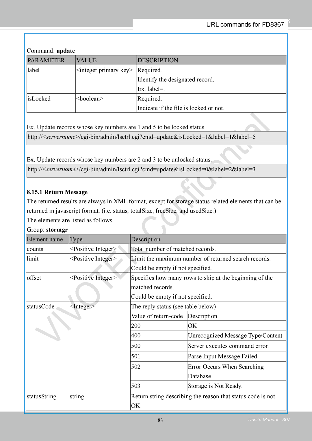 Vivotek FD8167-(T) user manual Return Message 