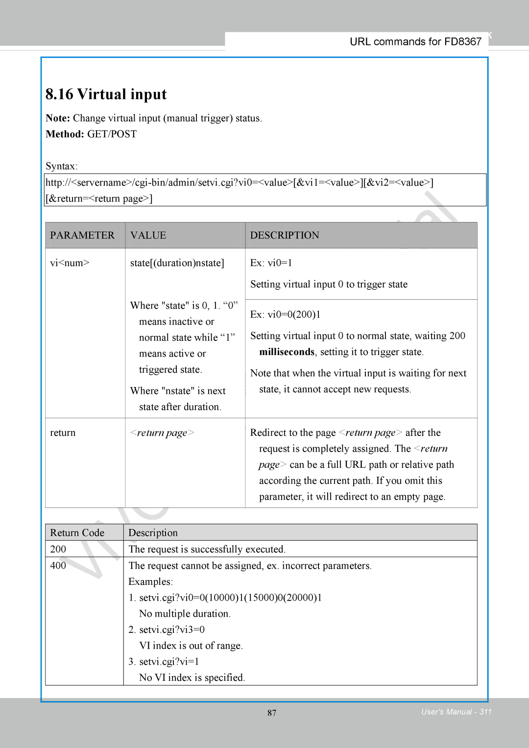 Vivotek FD8167-(T) user manual Virtual input 