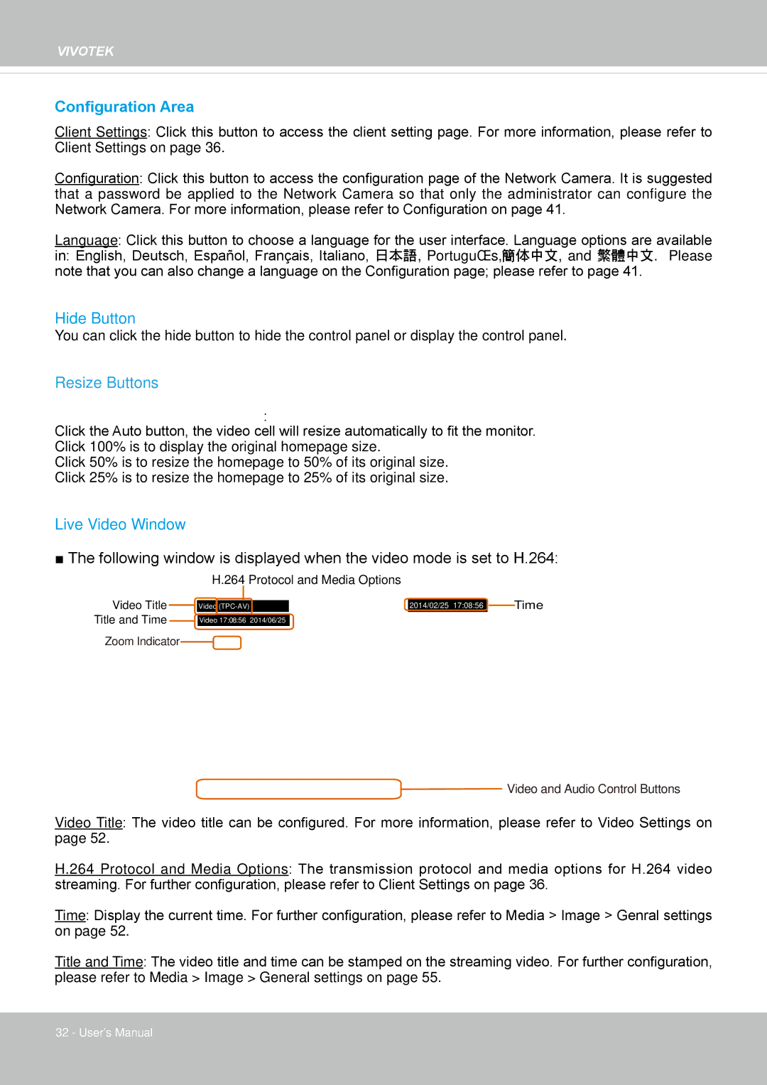 Vivotek FD8167-(T) user manual Configuration Area, Resize Buttons 