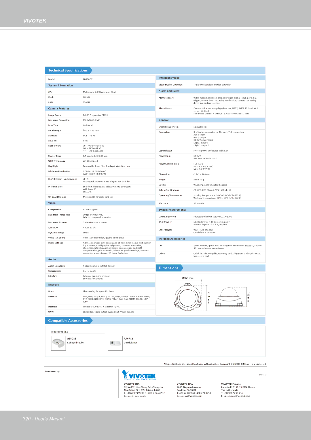 Vivotek FD8167-(T) user manual Ø163 mm Ø141 mm 103 mm 