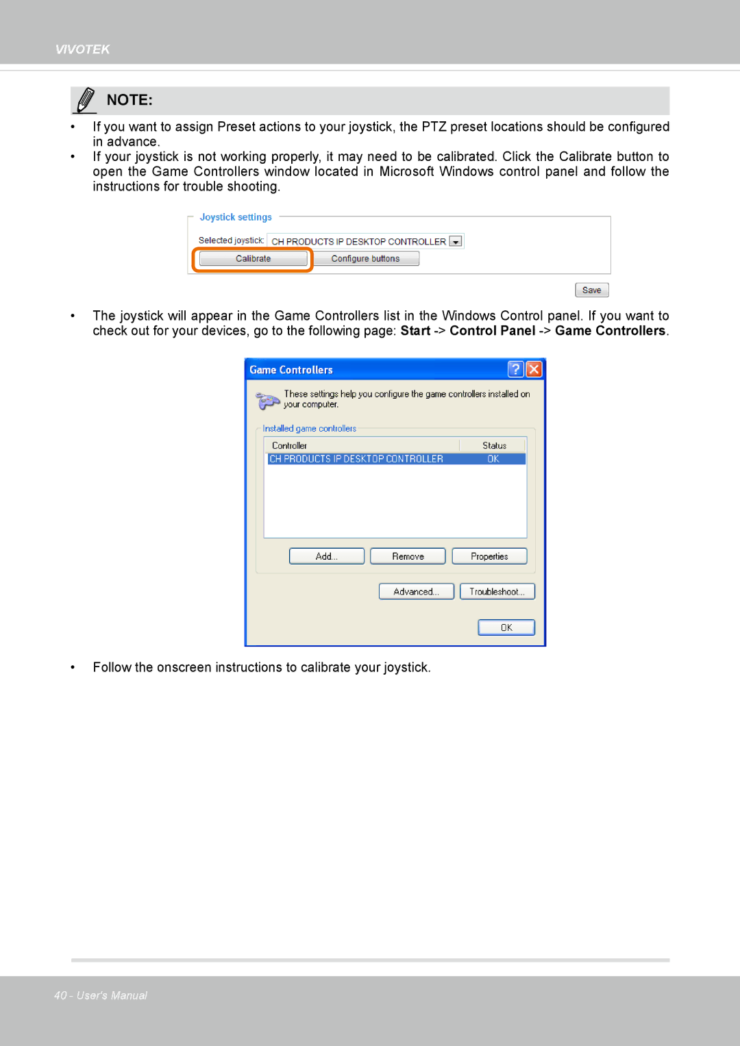 Vivotek FD8167-(T) user manual Follow the onscreen instructions to calibrate your joystick 