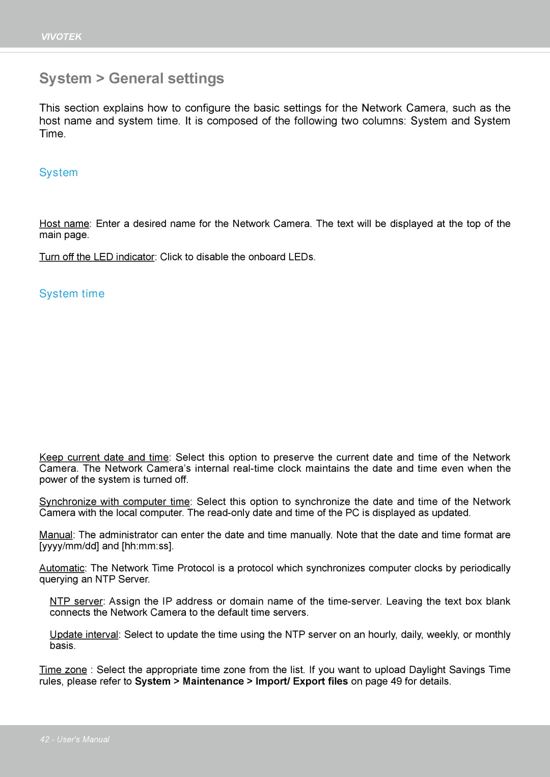 Vivotek FD8167-(T) user manual System General settings, System time 