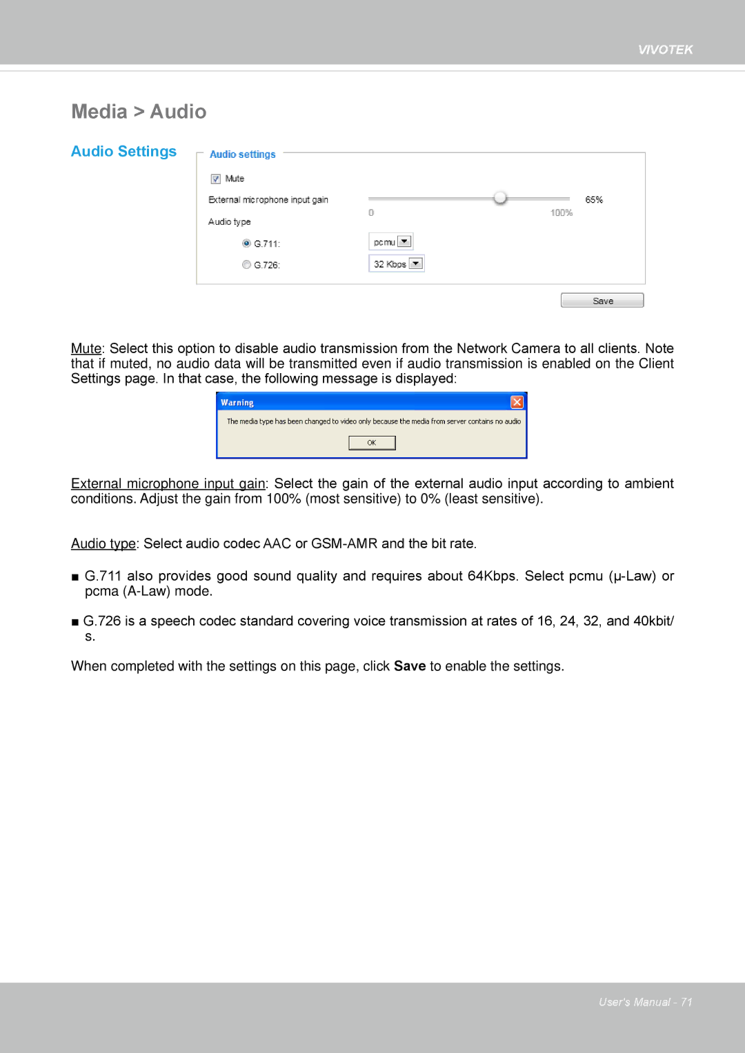 Vivotek FD8167-(T) user manual Media Audio, Audio Settings 