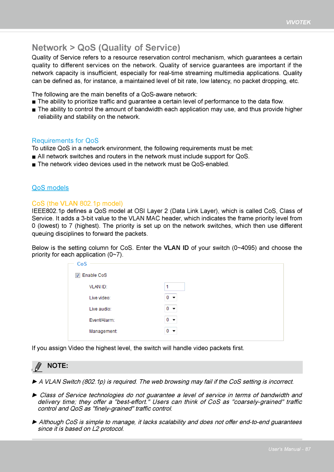 Vivotek FD8167-(T) user manual Network QoS Quality of Service, Requirements for QoS 