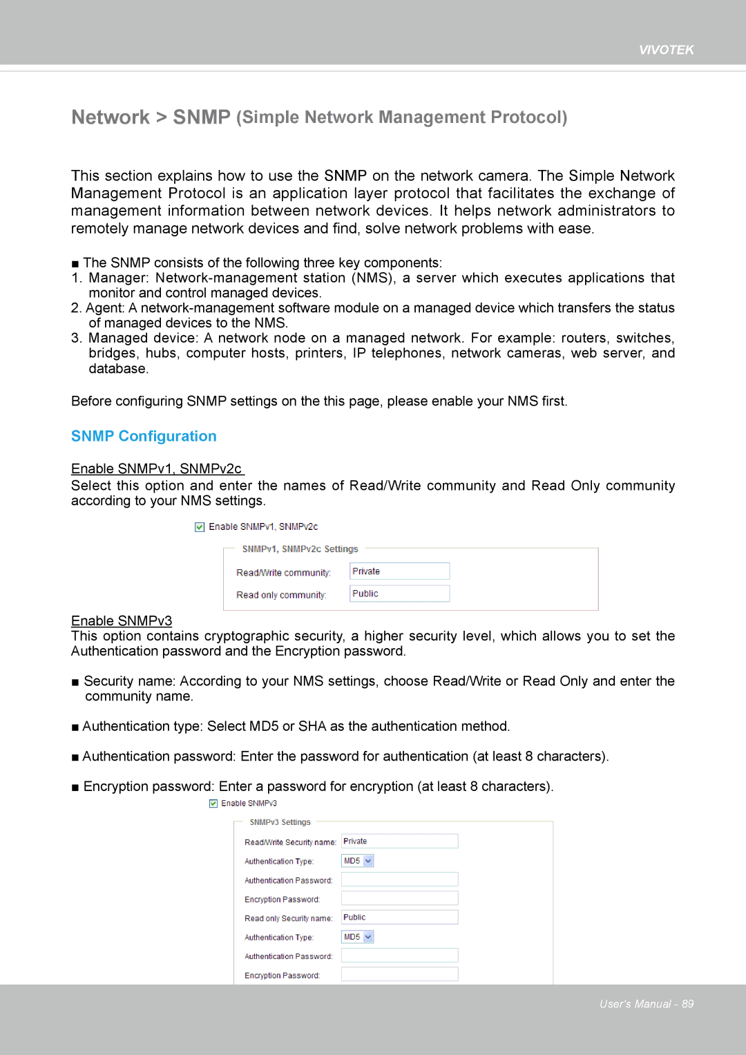 Vivotek FD8167-(T) user manual Network Snmp Simple Network Management Protocol, Snmp Configuration 