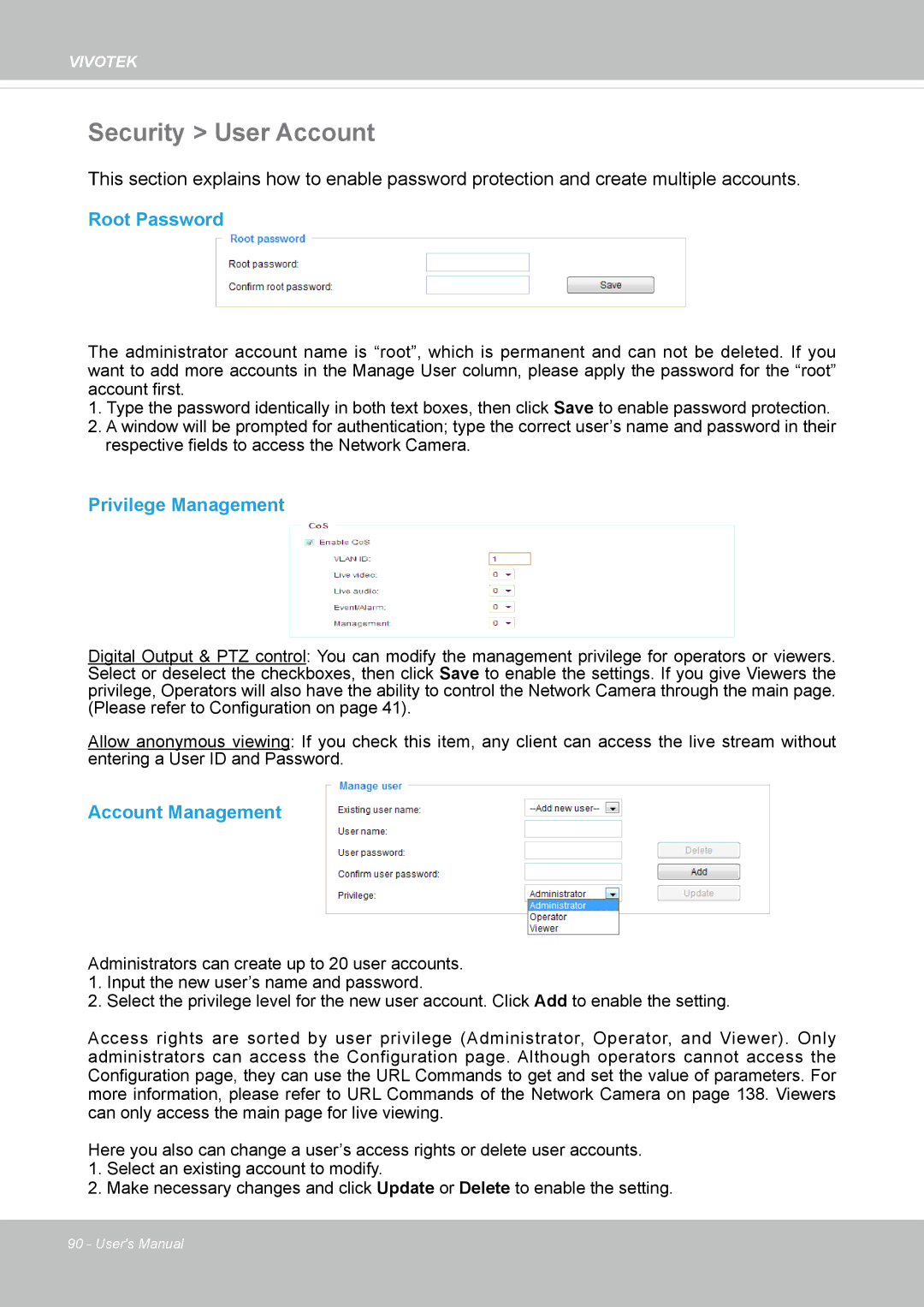 Vivotek FD8167-(T) user manual Security User Account, Root Password, Privilege Management, Account Management 