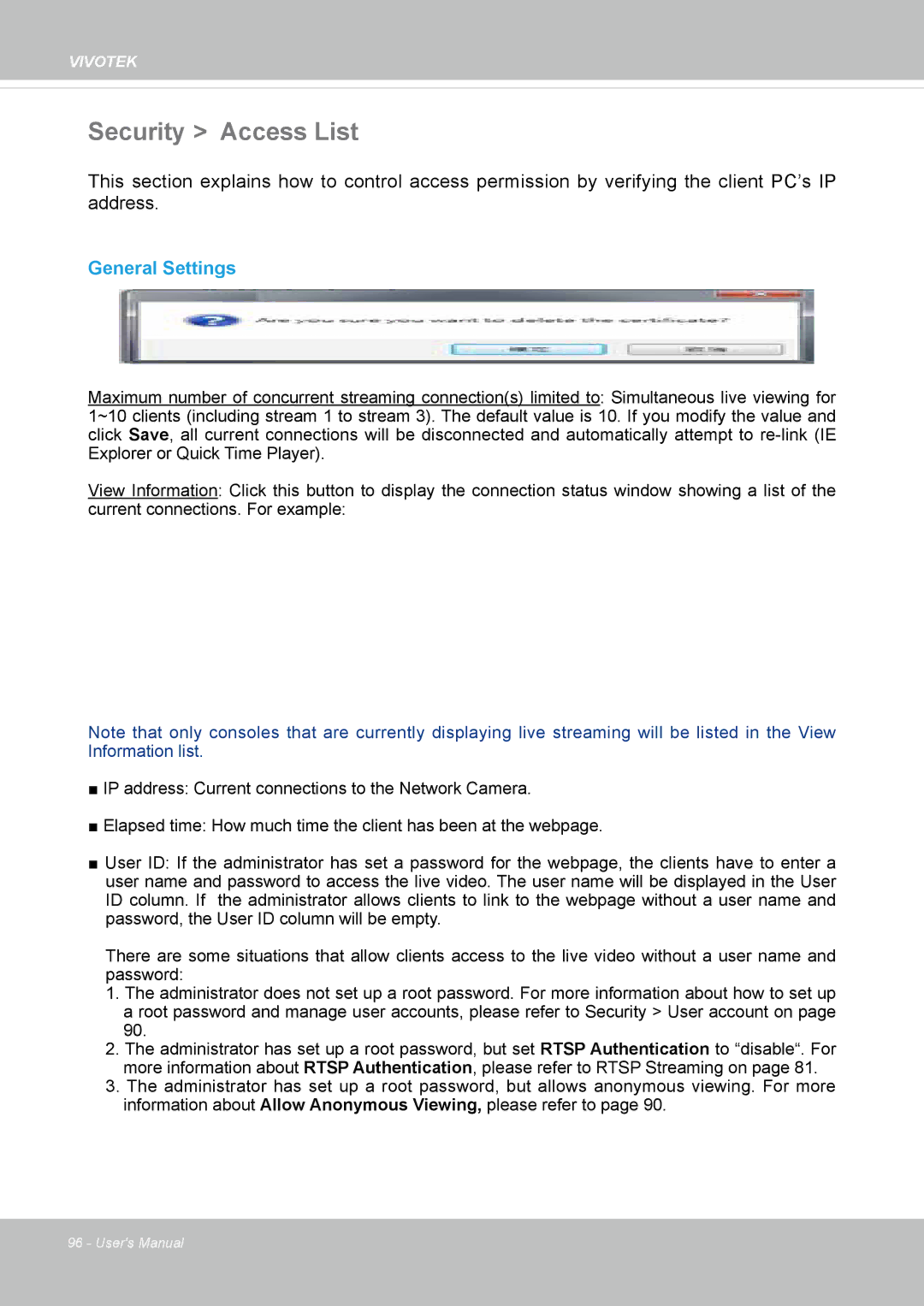 Vivotek FD8167-(T) user manual Security Access List, General Settings 