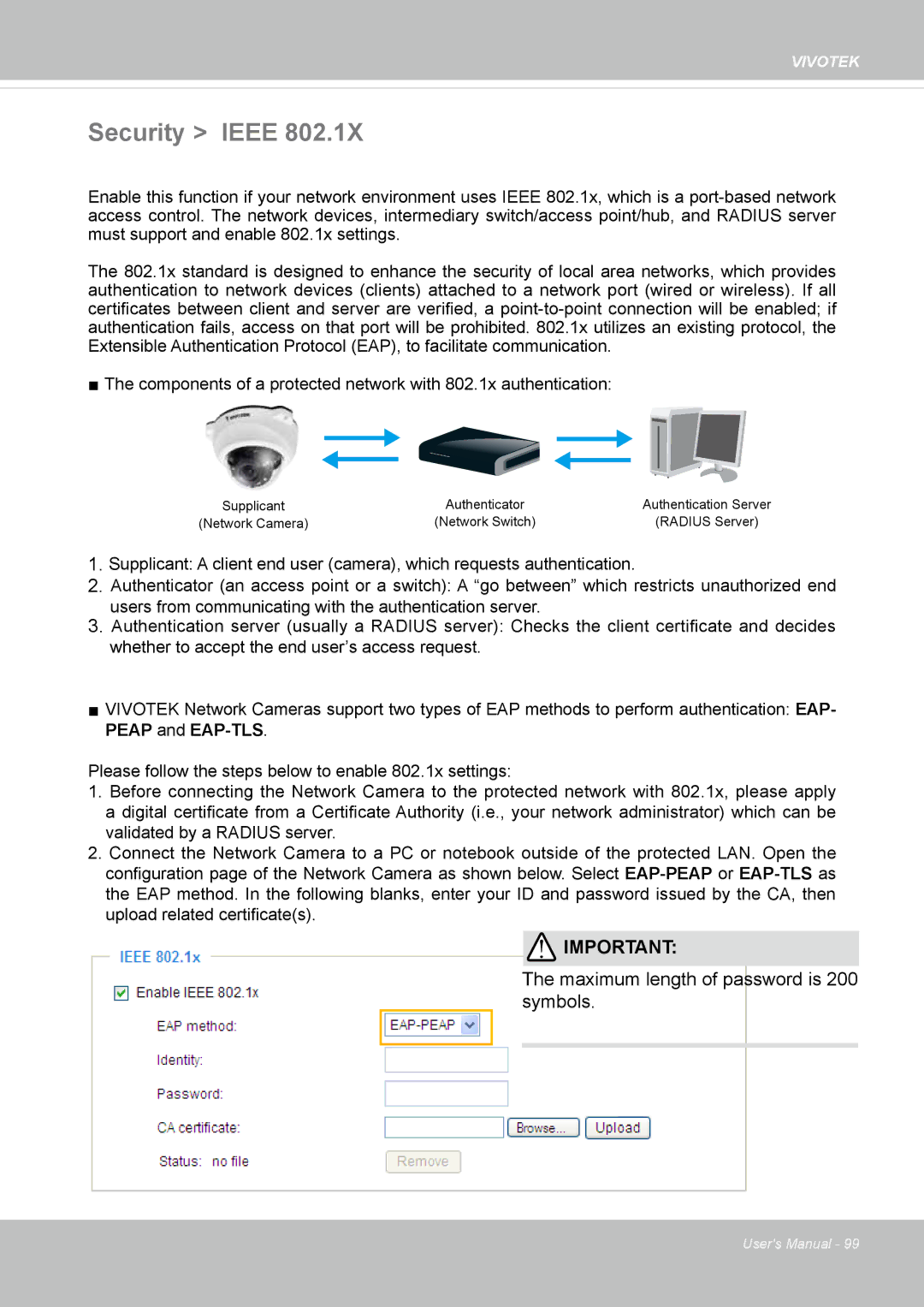 Vivotek FD8167-(T) user manual Security Ieee, Maximum length of password is 200 symbols 