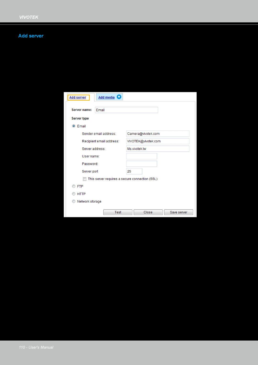 Vivotek FD8167-(T) user manual Add server 