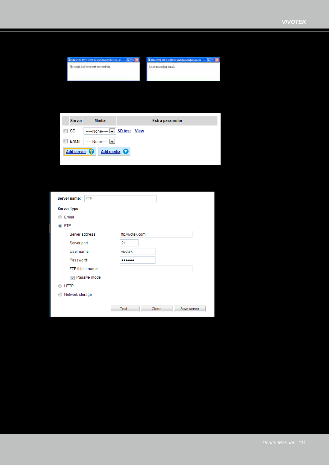 Vivotek FD8167-(T) user manual Click Save server to enable the settings 
