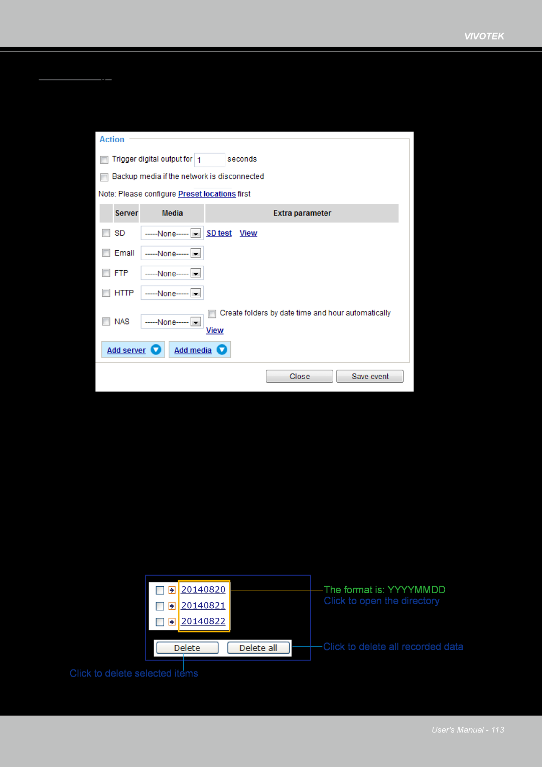 Vivotek FD8167-(T) user manual Network storage, The format is: YYYYMMDD 