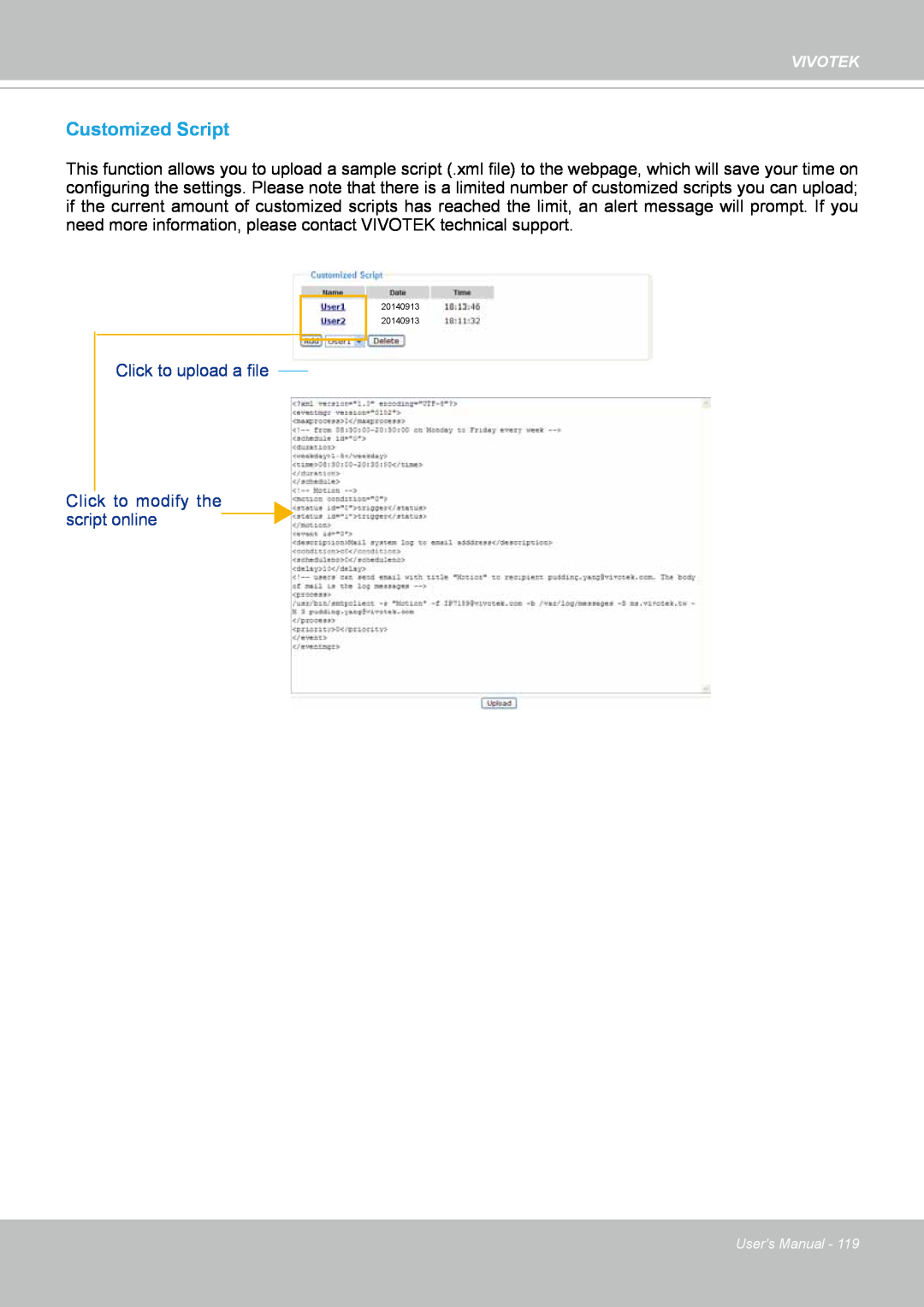 Vivotek FD8167-(T) user manual Customized Script, Click to upload a file, Click to modify the script online 