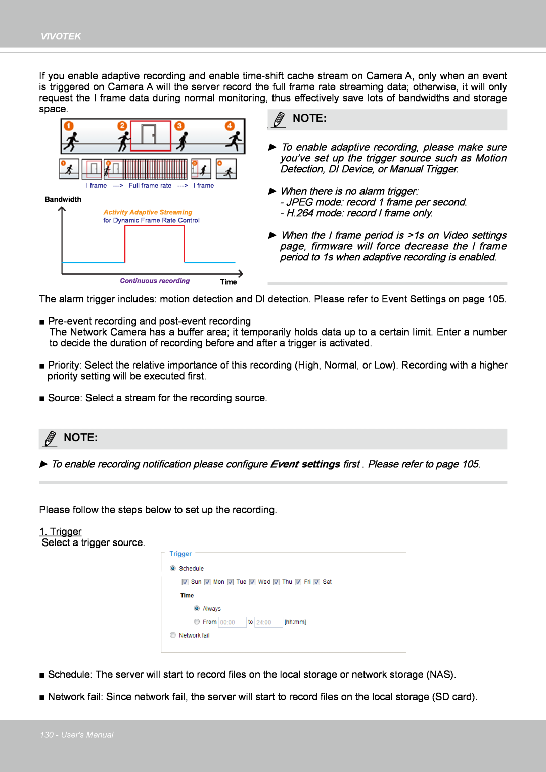 Vivotek FD8167-(T) user manual Notenote, Pre-eventrecording and post-eventrecording 