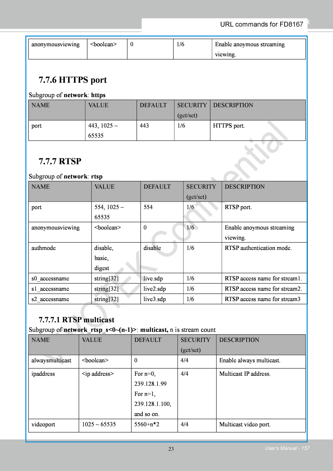 Vivotek FD8167-(T) user manual HTTPS port, Rtsp, RTSP multicast 