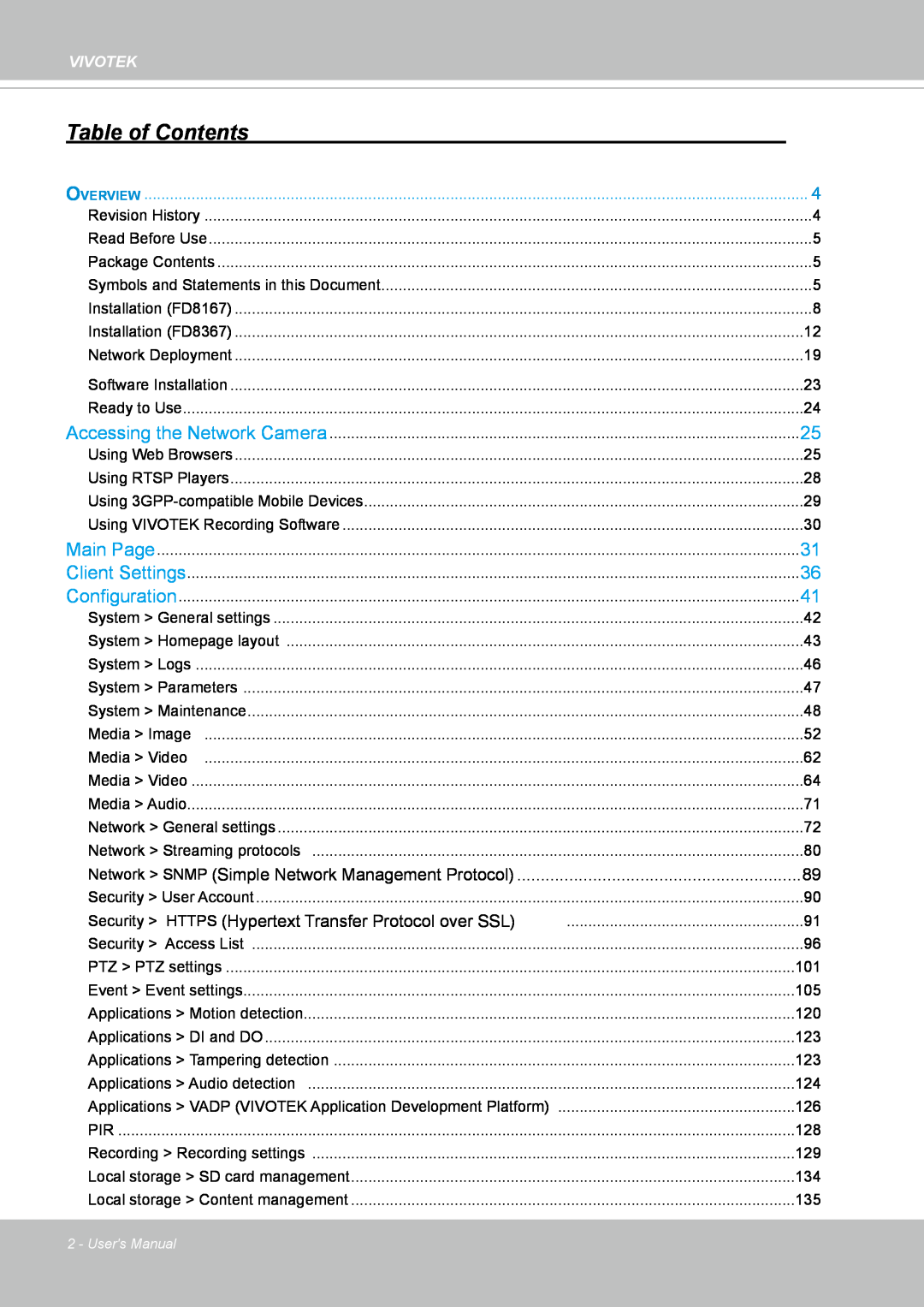 Vivotek FD8167-(T) user manual Table of Contents, Vivotek 