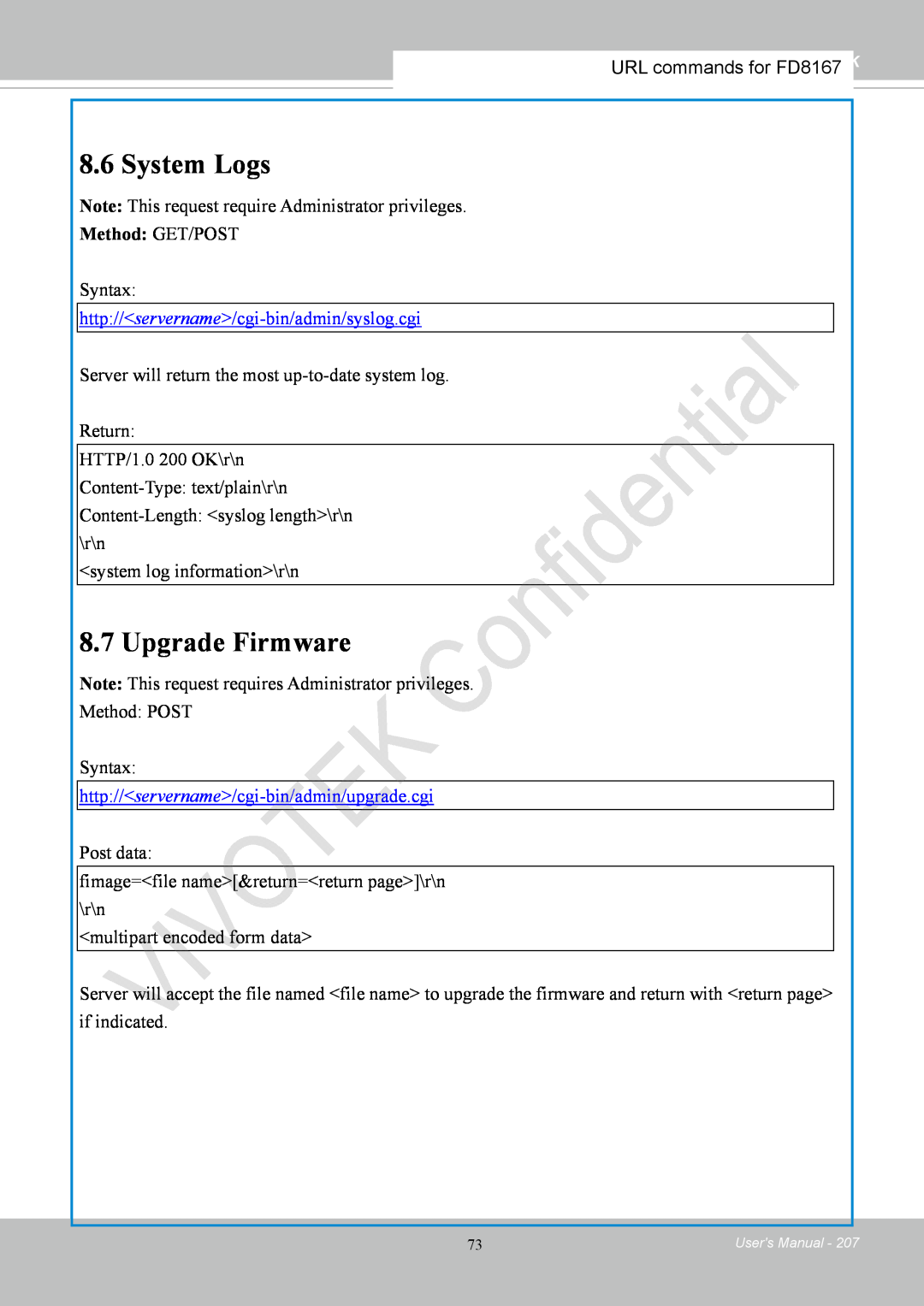 Vivotek FD8167-(T) user manual System Logs, Upgrade Firmware 