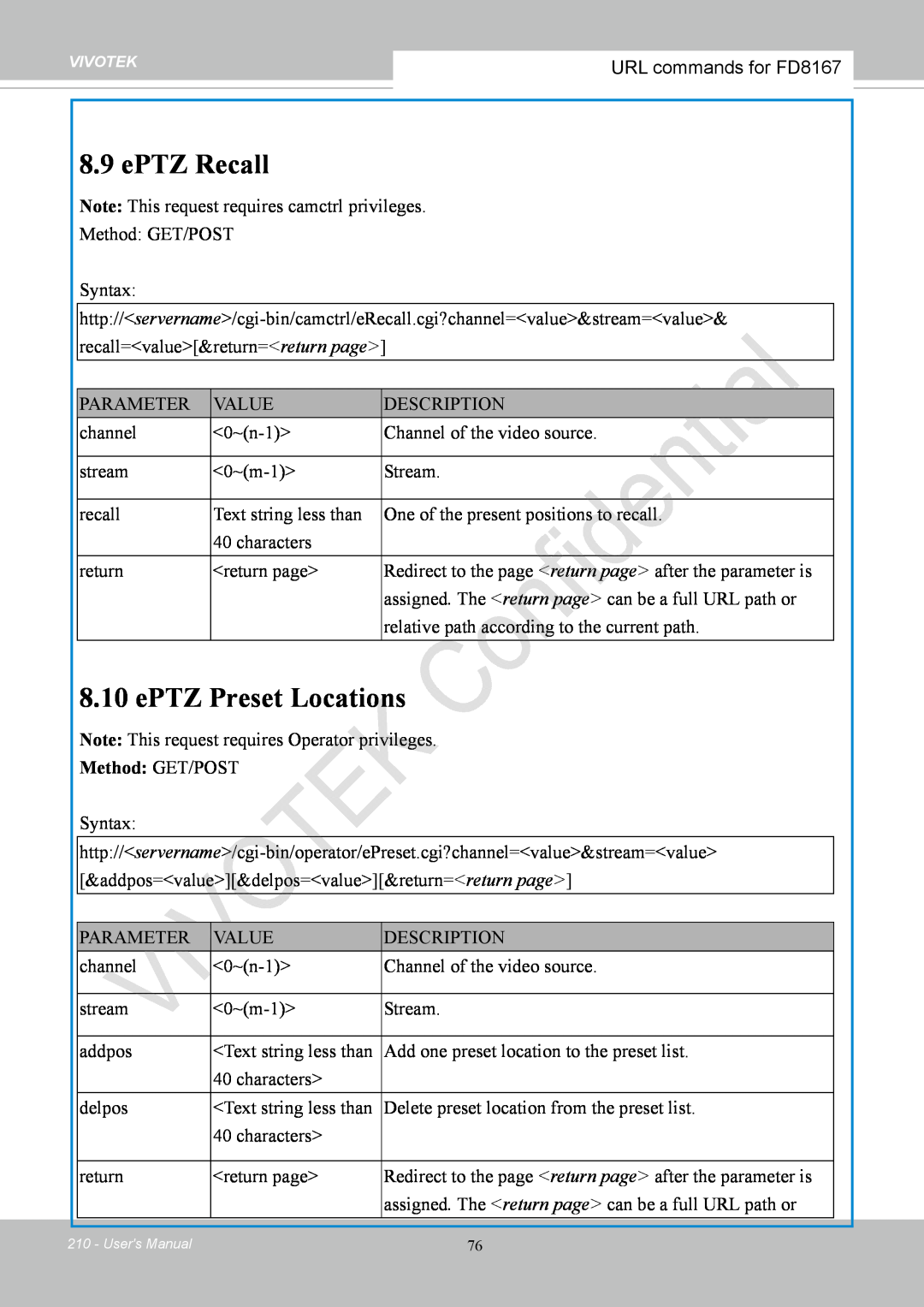 Vivotek FD8167-(T) user manual ePTZ Recall, ePTZ Preset Locations, URL commands for FD8167 