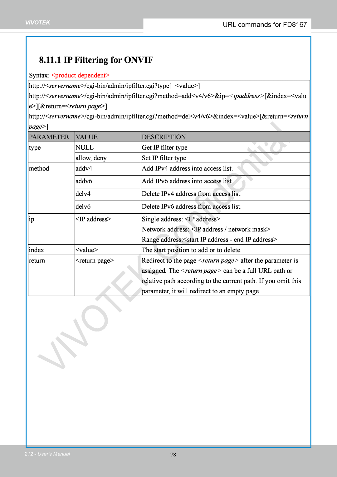 Vivotek FD8167-(T) user manual IP Filtering for ONVIF, URL commands for FD8167 