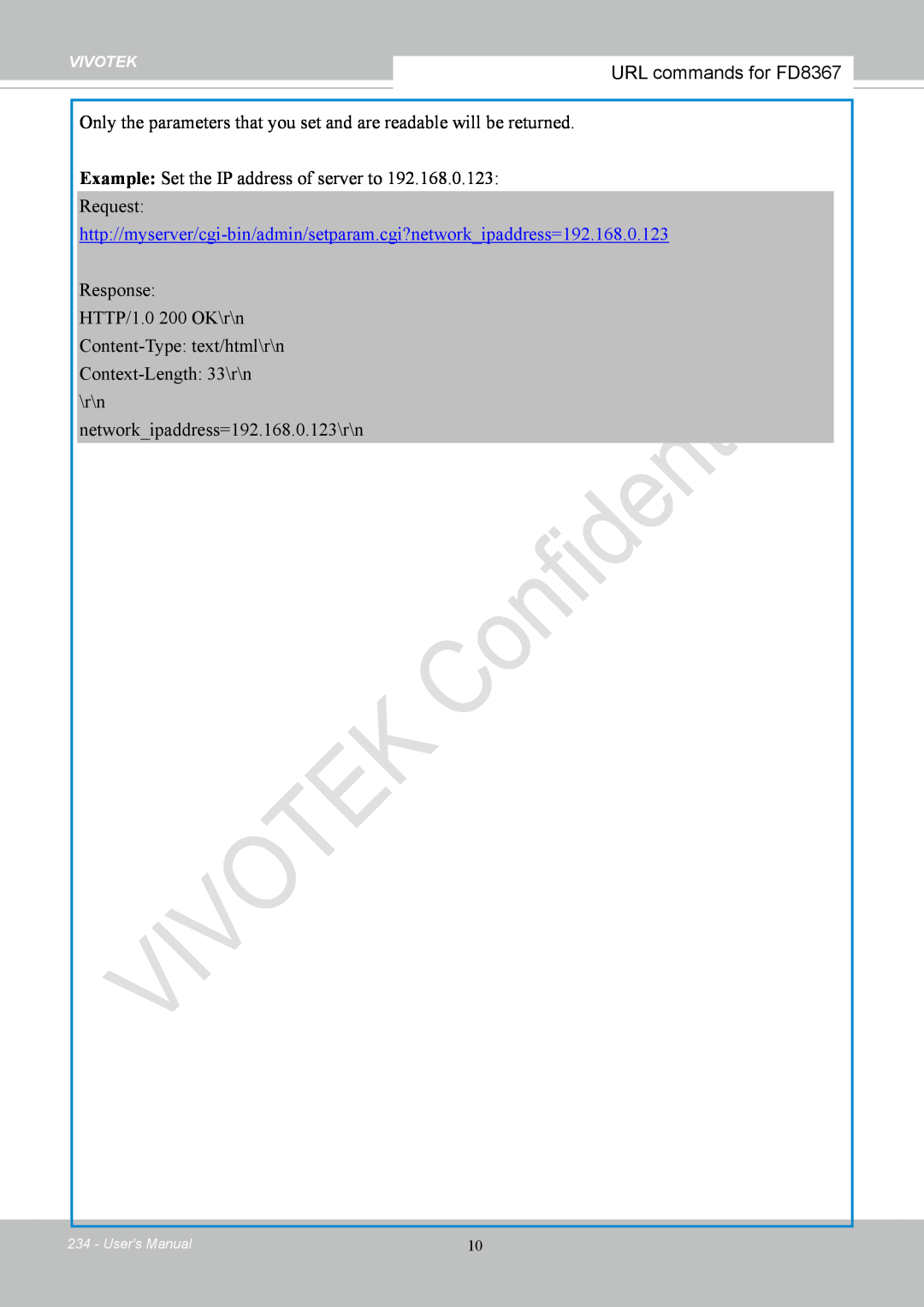 Vivotek FD8167-(T) user manual URL commands for FD8367, Vivotek, URL Command Document for All Series, Users Manual 