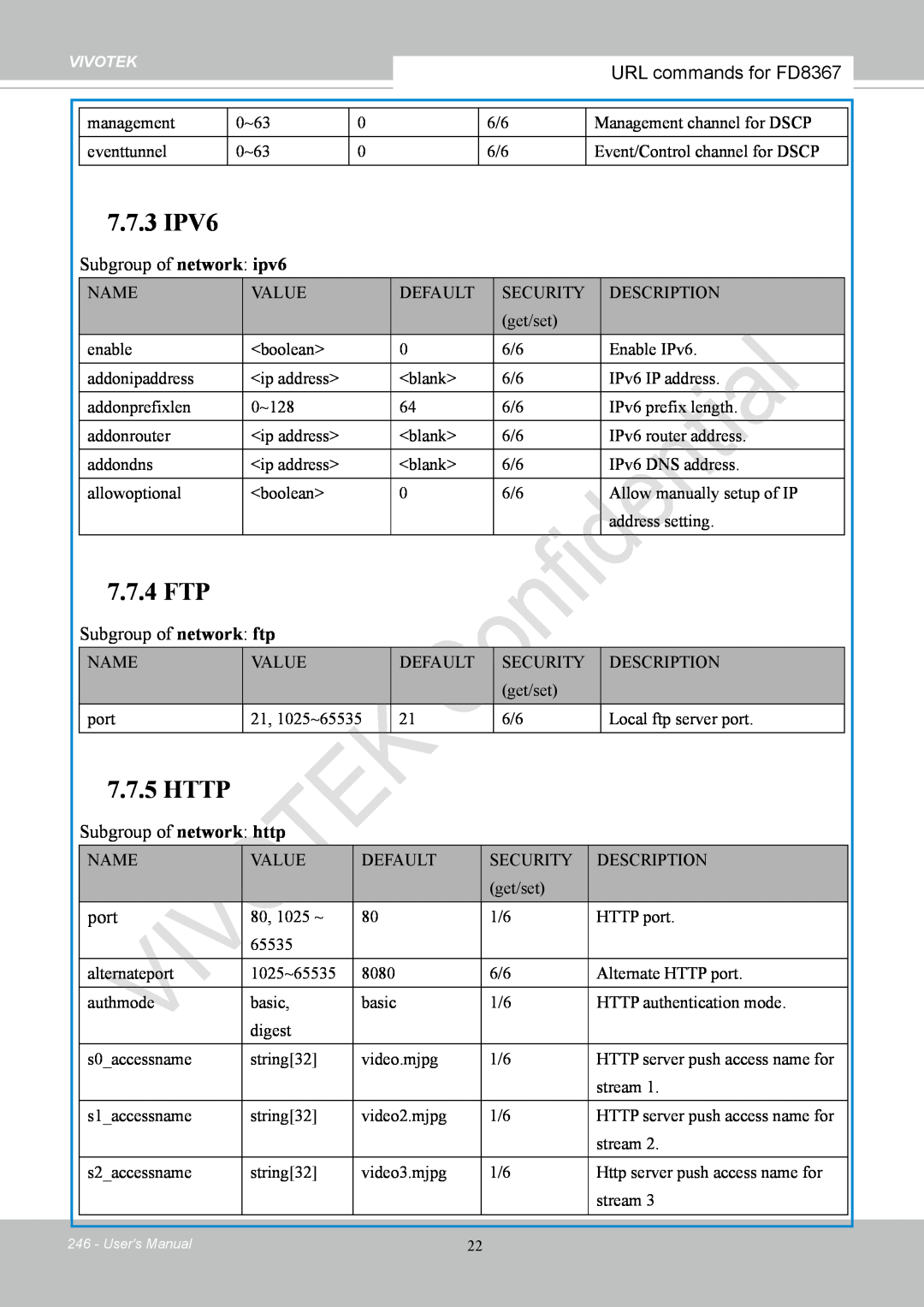 Vivotek FD8167-(T) user manual 7.7.3 IPV6, 7.7.4 FTP, Http, Users Manual 